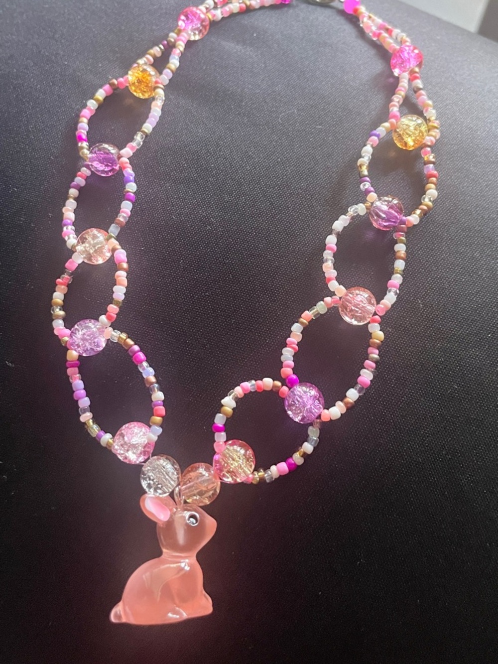 Handmade Pink Bunny Bead Necklace - Colorful Seed Beads